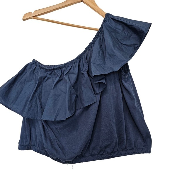 A New Day Blouse Womens XL Blue One Shoulder Ruffle Sleeveless Boho Top - Picture 2 of 8